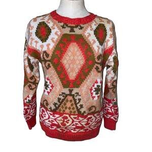 French Navy Vintage Grandpa Sweater Knit Fair Isle Pullover Crewneck size small
